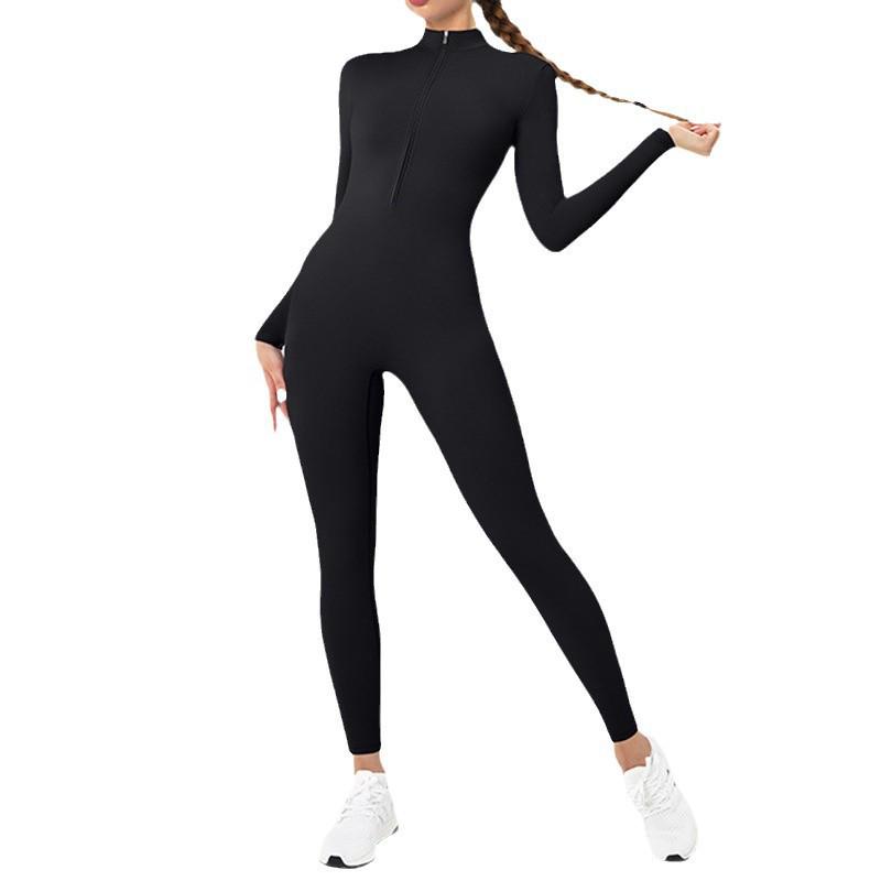 Nude Langarm Yoga-Jumpsuit mit Reißverschluss - High-Intensity Fitnessbekleidung