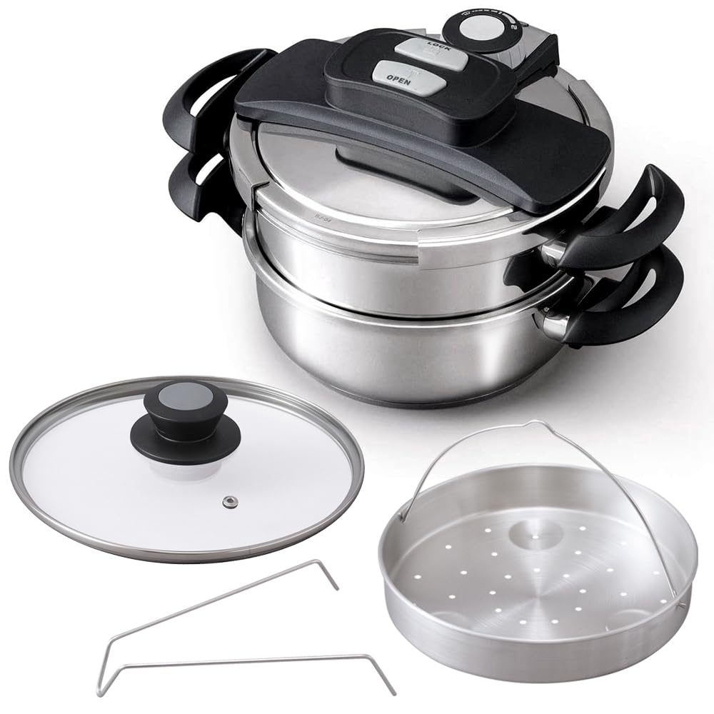 Save on Energy and Time Iris Ohyama RAN-SE5 Pressure Cooker, 3L+5L Pot, Induction Compatible, 10-Year Warranty, Triple-Layer Bottom, Switchable,