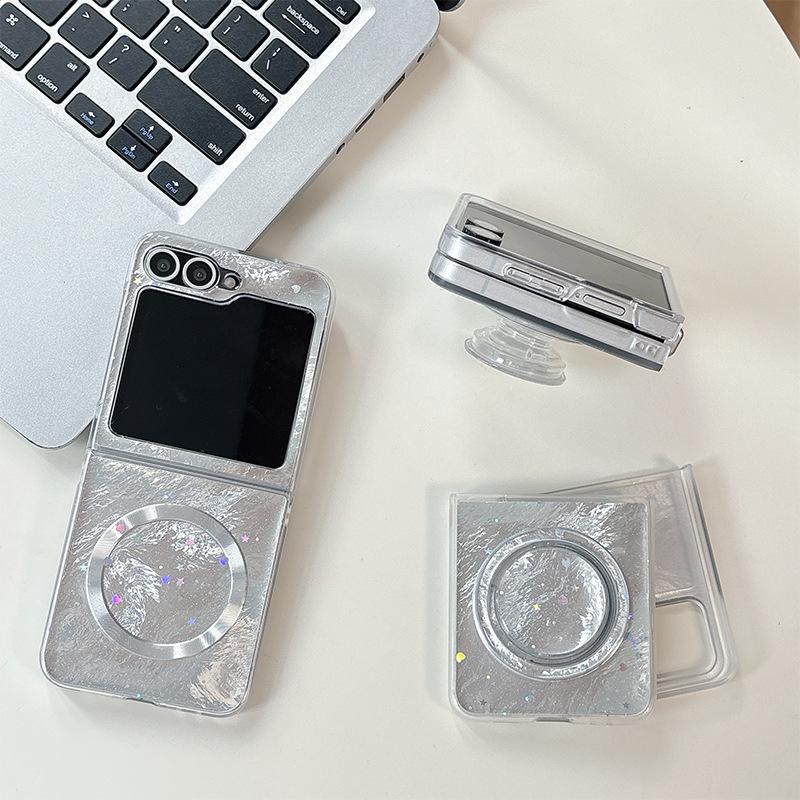 Tinfoil Texture Star Sequins Magnetic Holder Mobile Phone Case for Samsung Zflip6 Flip Folding Zflip7 Women