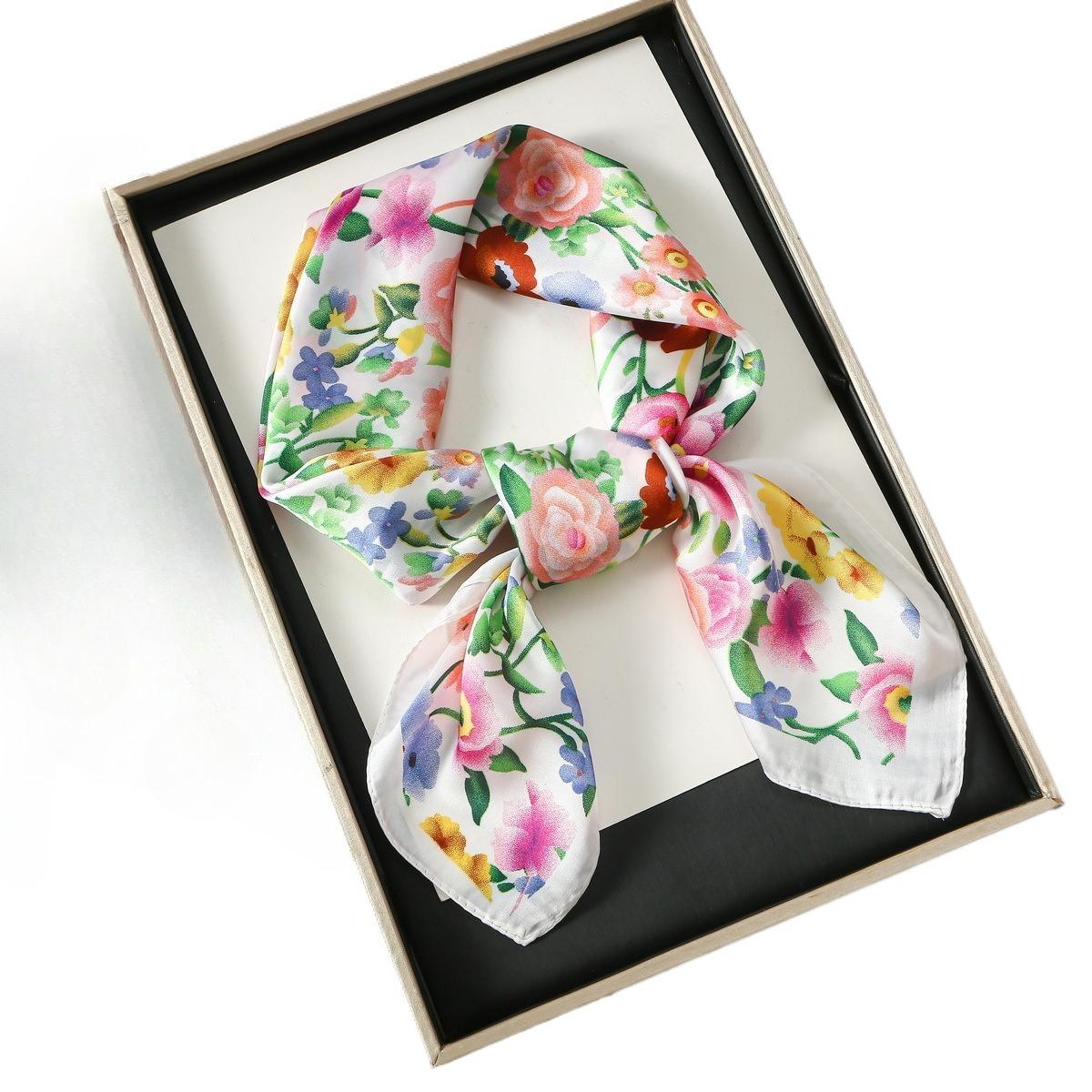 

68cm Pastoral Pink Flowers Kerchief New Spring and Summer Emulation Silk Scarf Fresh and Versatile Clothes Bags Accessory Scarf розовый