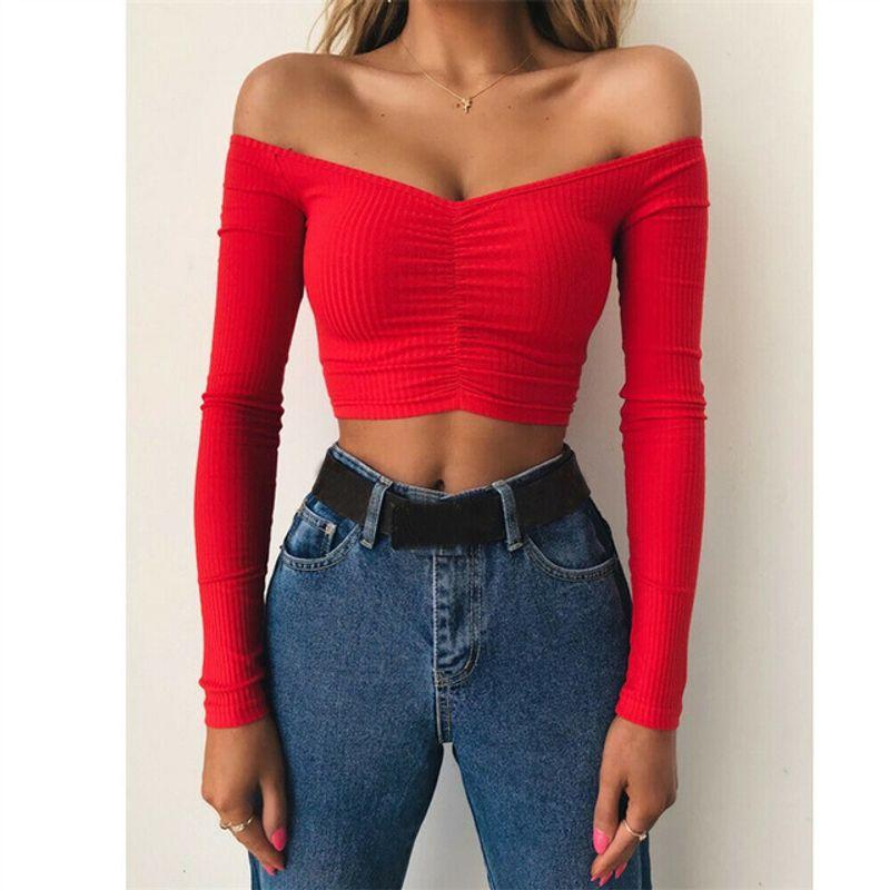 

Sexy Off Shoulder Solid Color Umbilical Exposure Sexy Tops RED M
