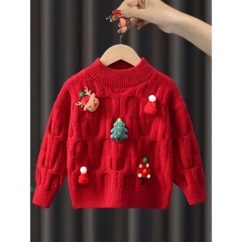 

Рождественский декор Милый свитер для девочек, Теплый удобный пуловер с круглым вырезом и длинными рукавами, топ-джемпер для осени/зимы 100 красный