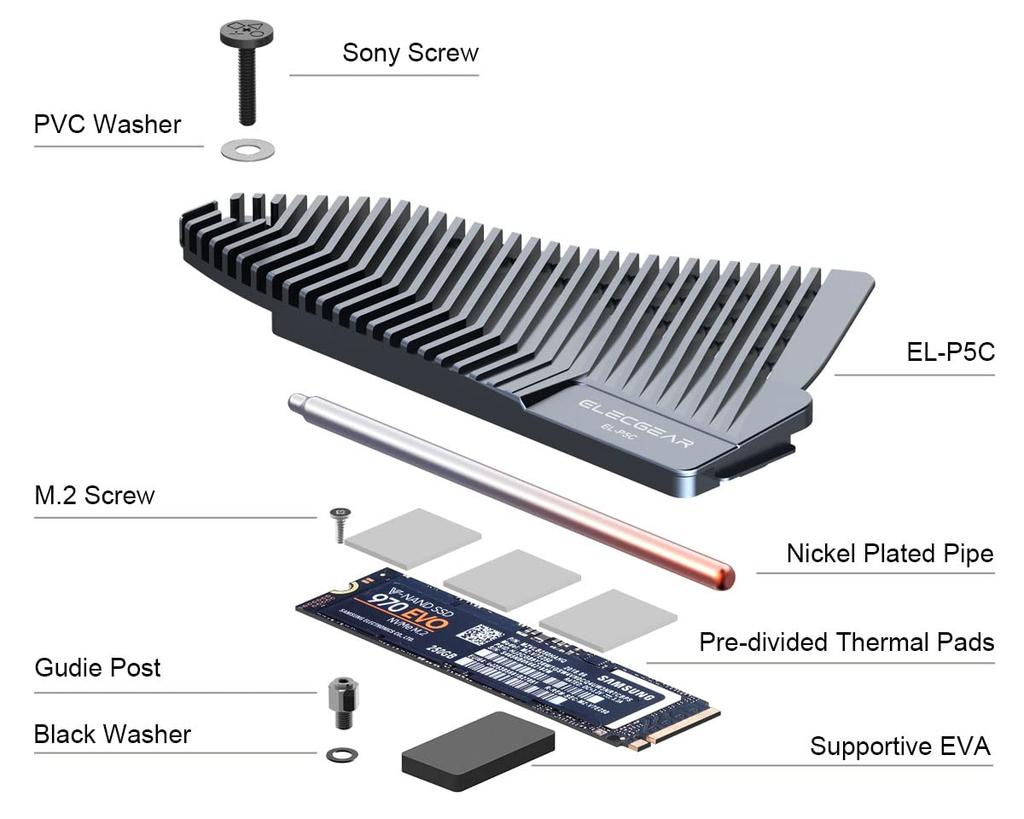 ElecGear PS5 NVMe SSD Heat Pipe Solid Aluminum Heatsink Cooler for PlayStation 5 Internal PCIe NVMe Gen4 Gaming with Thermal Pad and Redesigned SSD