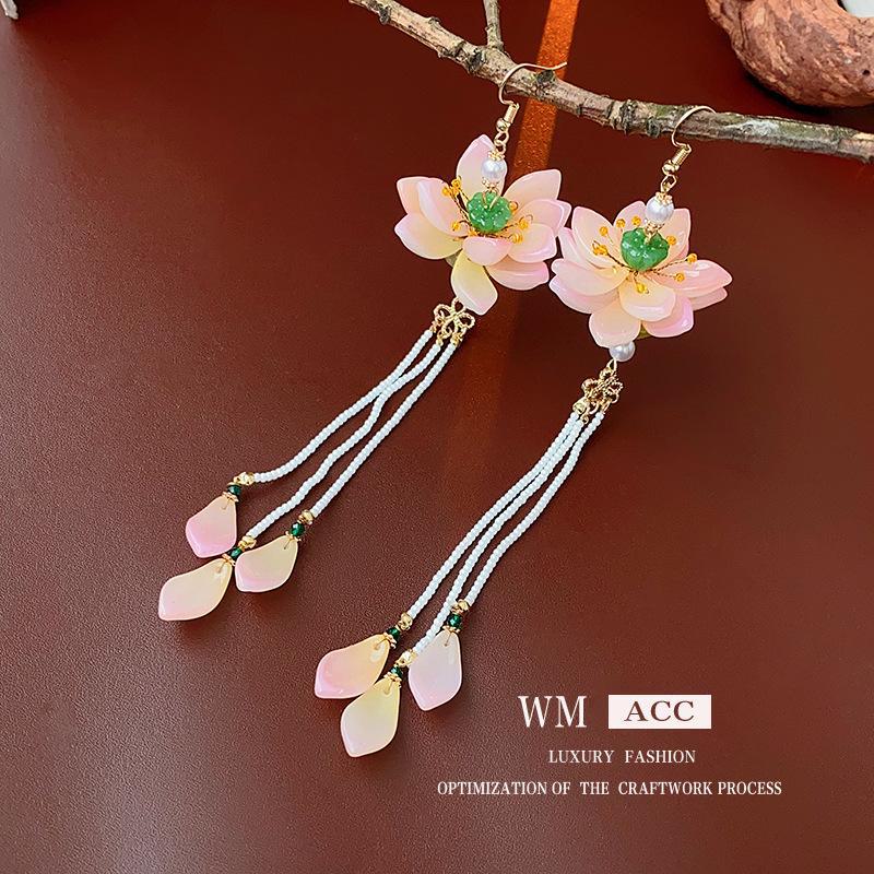 Glass Lotus Pearl Tassel Earrings: Elegant High-End Fashion Accessory