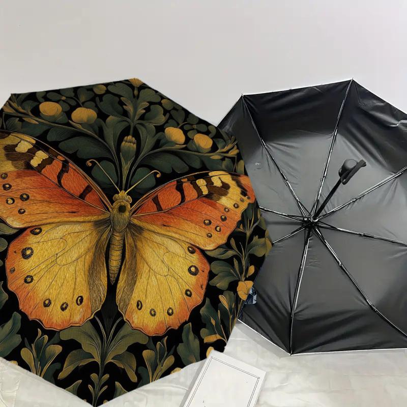 1pc Butterfly Floral Automatic Folding Umbrella, Heavy Duty 8 Rib Iron Frame,  Suitable for Travel, Daily Use, Birthday, Decor Gift M0104065
