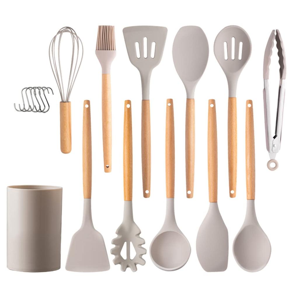 Hiino Kano Kitchen Tool Set 12 Pieces Heat-Resistant Silicone Wooden Handle Gentle On Pots Spatula Ladle Tongs Whisk Turner Brush