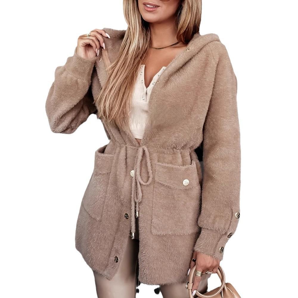 2024 Urban Fashion Woolen Coat with Drawstring Waist, Metal Buckle, and Zipper Hood
