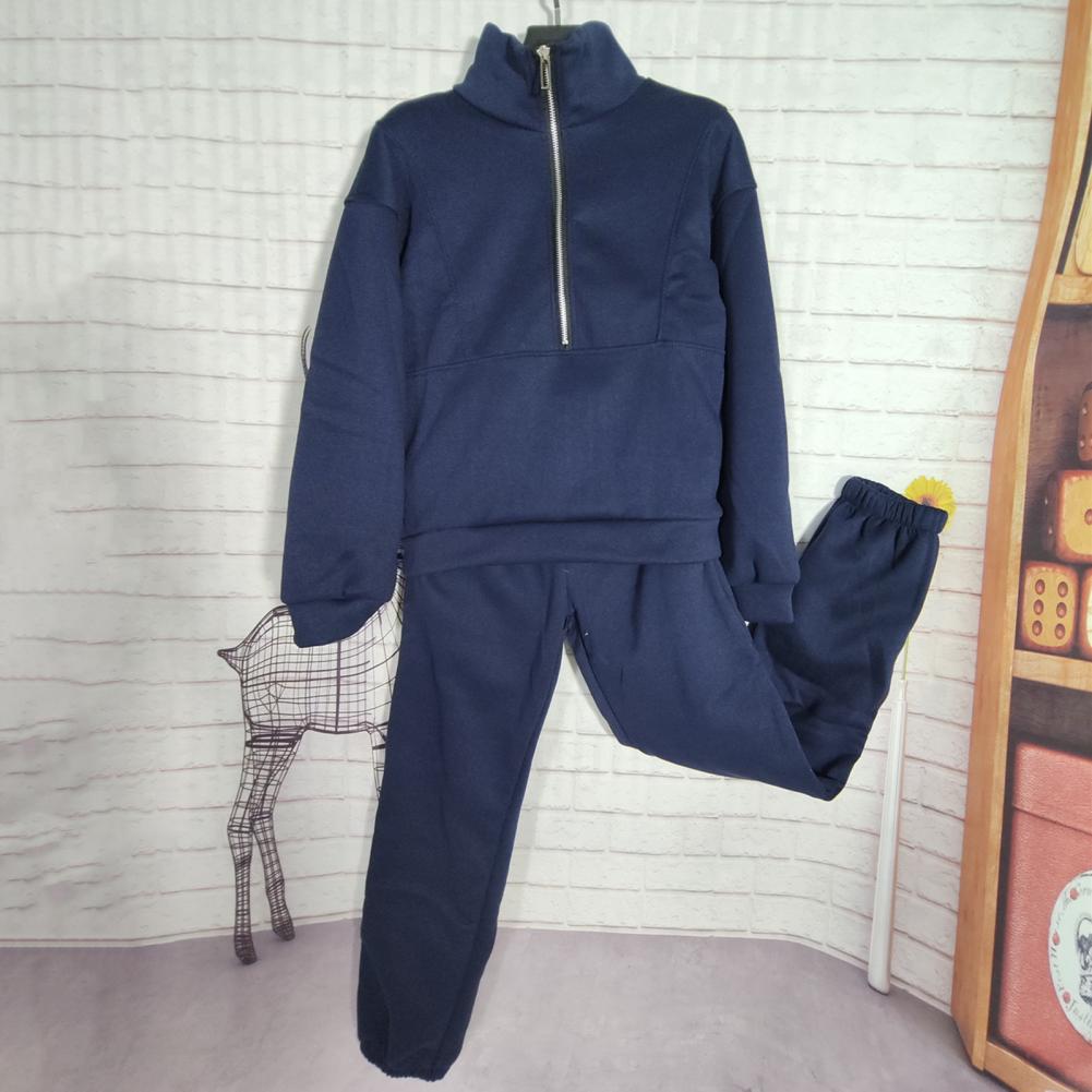 2 Pcs/Set Fall Winter Sweatshirt Pants Set Stand Collar Long Sleeve Loose Zipper Thick Warm Solid Color Elastic Waist Trousers T