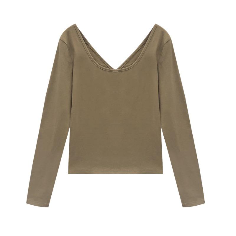 Autumn New Sexy Halter Long Sleeve T-shirt Women All Design Sense U Collar Solid Color Top Spice Girl Base Shirt