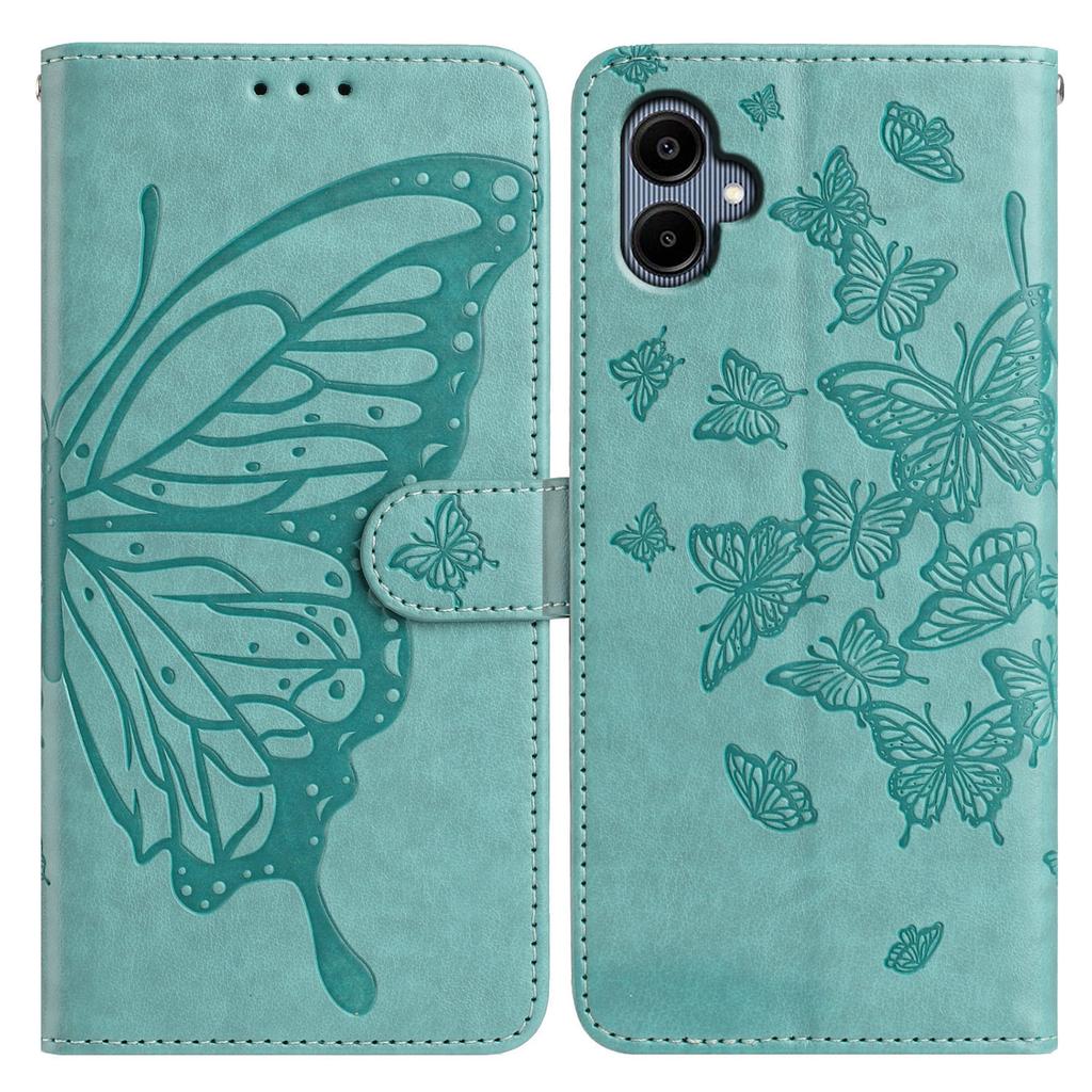 Für Samsung Galaxy A06 5G/A06 4G Hülle Schmetterling Geprägtes Wallet Ständer PU Leder Klapphandyhülle mit Riemen