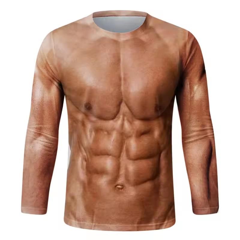 Funny Fake Muscle Graphic T Shirt Men's Long Sleeve T-Shirt Sports 3D Printed Tshirt Casual Spring Running Tees Tops