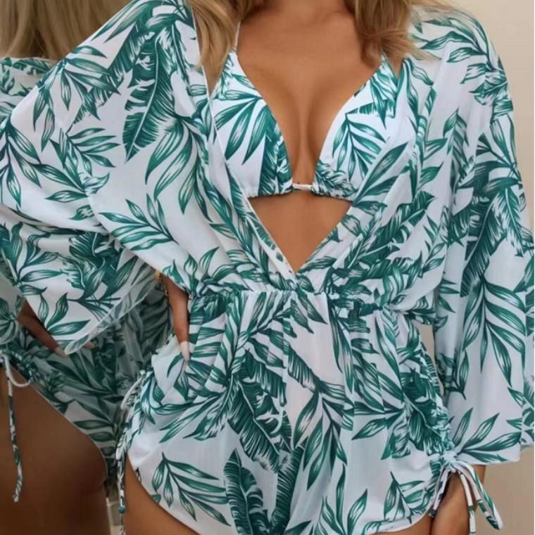 2023 Women's Sexy Three-Piece Swimwear Set with Elegant Neckline, Printed Belted High-Waisted Skirt