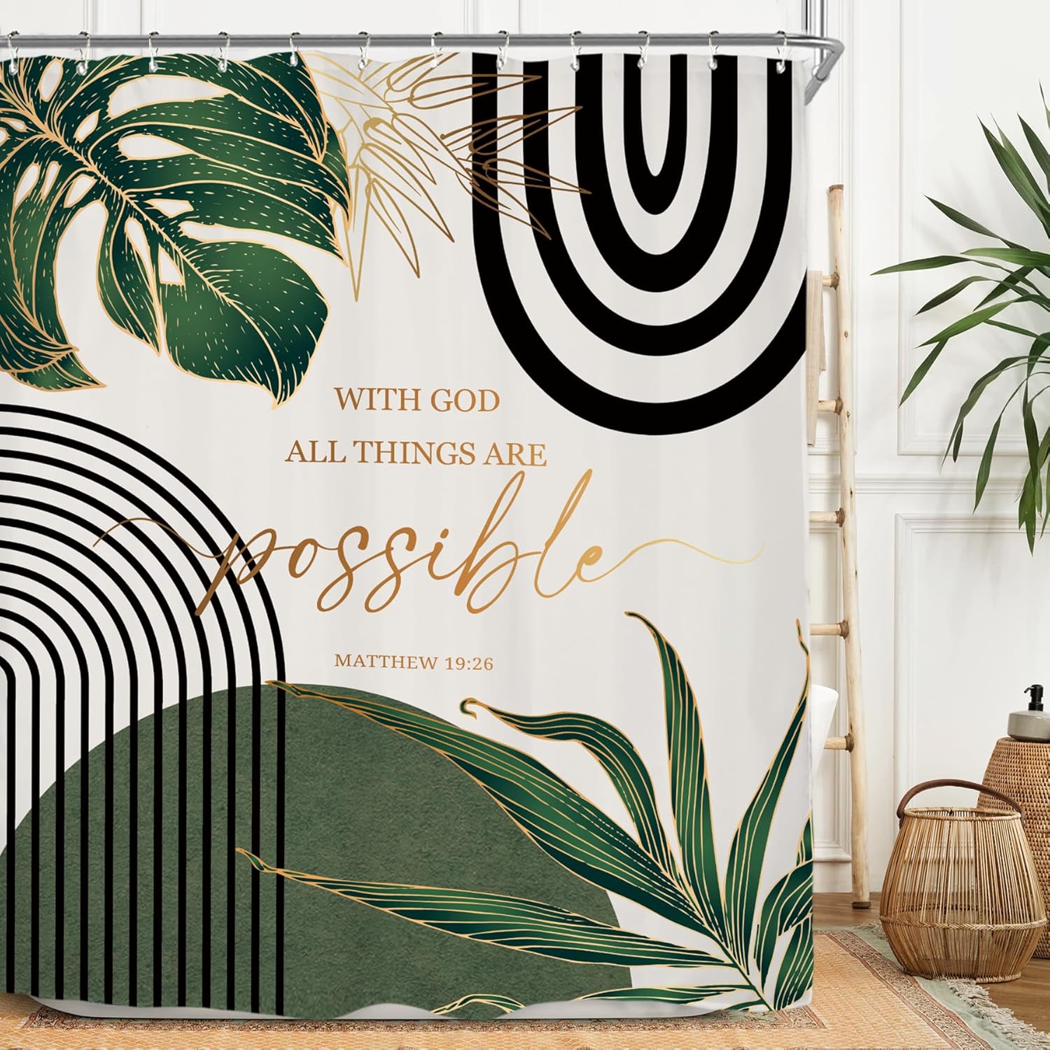 

Abstract Zen Spa Shower Curtain Set Minimalist Bible Meditation Modern Aesthetic Contemporary Green Plant Leaves Monstera 90x180CM