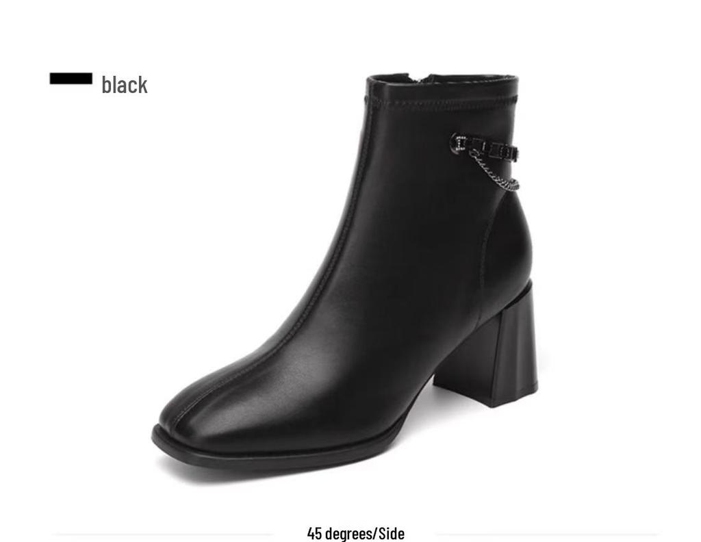 2025 Women's French Autumn/Winter Square Toe Chunky Heel High Heel Boots - Fashionable and Versatile British Style