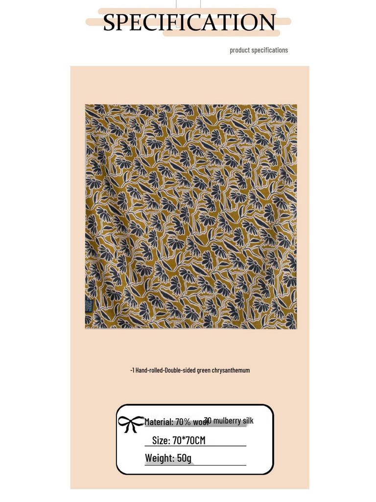Luxury Hand-Rolled Double-Sided Wool Silk Scarf with Daisy Print, 70cm Square - Hangzhou Silk Gift Edition