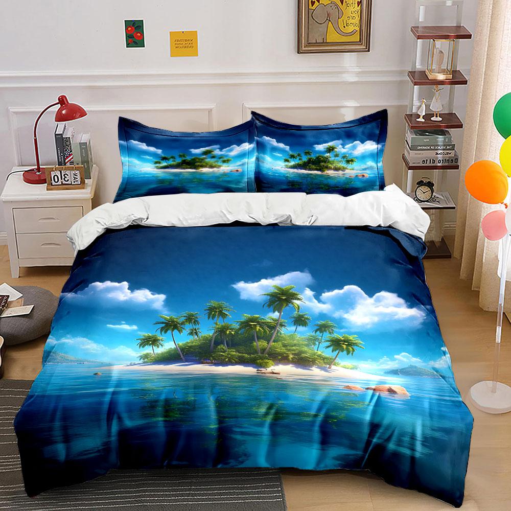 Tropical Palm Island with Blue Water Print Bedding Set 1Duvet Cover 2Pillowcases for Adult and Children Luxury Gift Full Size