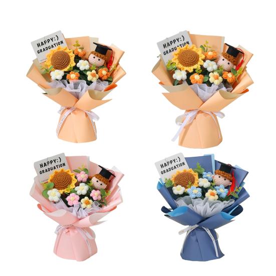 Handmade Crochet Flower Bouquet Completed Knitted Sunflower Puff Flower Doll Graduation Bouquet Teacher Appreciation Gifts for Grad Party Favors