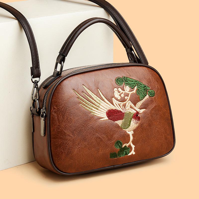 Elegant Bird Embroidered Pattern Crossbody Bag – Pu Handbag with Top Handle for Women