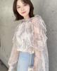 Shoulder Ruffle Lace Floral Sheer Ruffle Office Korean Fashion [KOREARU] Top, Women's Top, Blouse, Print, Shirt, Blouse, Blouse, Top,