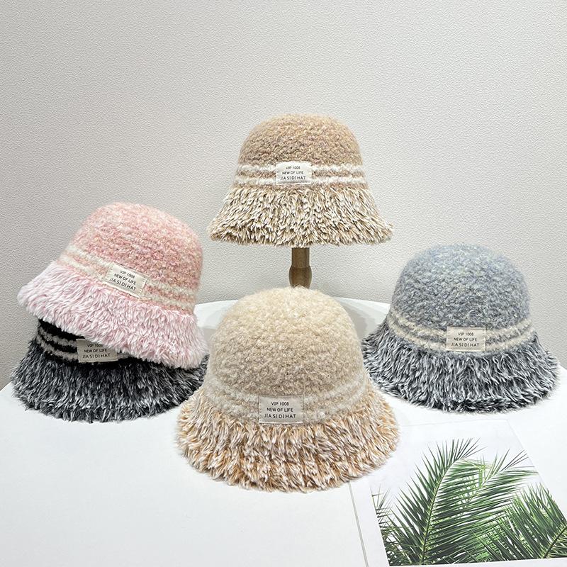 Korean Version Women's Plush Knitted Hat Women's Autumn and Winter Fisherman Hat Stripes Thick Warm Hat