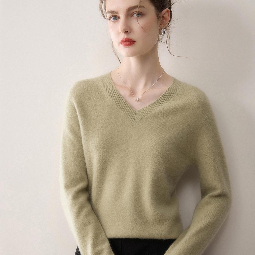 Minimalist Women's Pure Cashmere V-Neck Loose Knit Sweater - Early Autumn Pullover Top