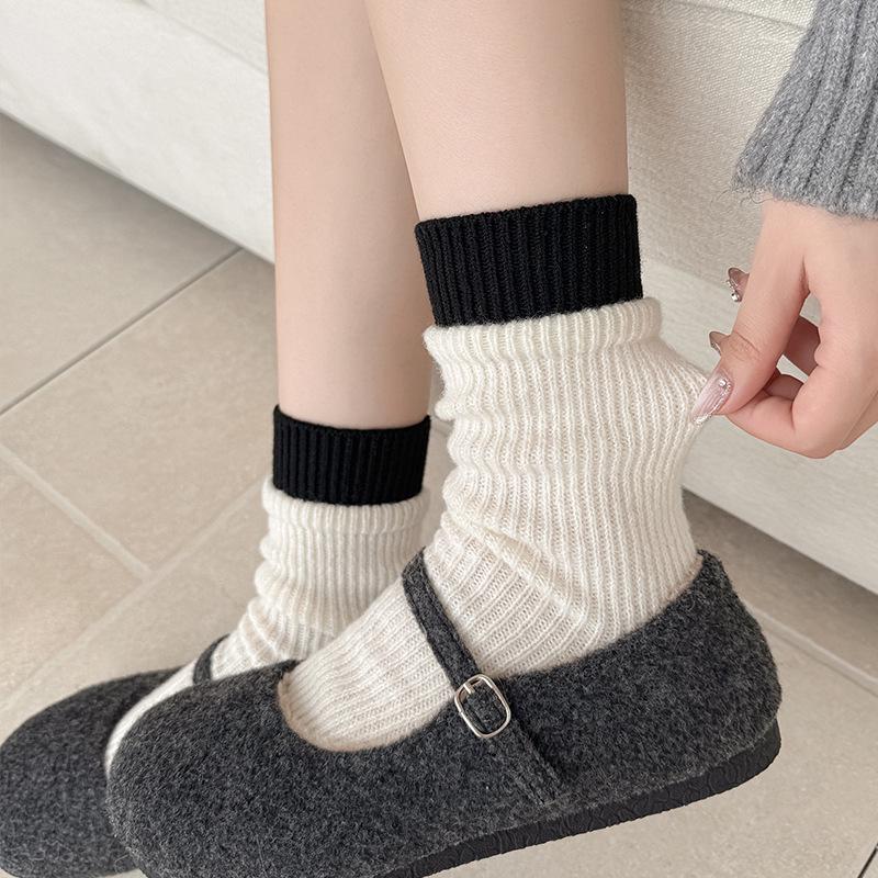 

Женские толстые кашемировые носки до середины икры - Двухигольные, Теплые, В рубчик, Контрастного цвета для осени/зимы With Tag Hangable белый