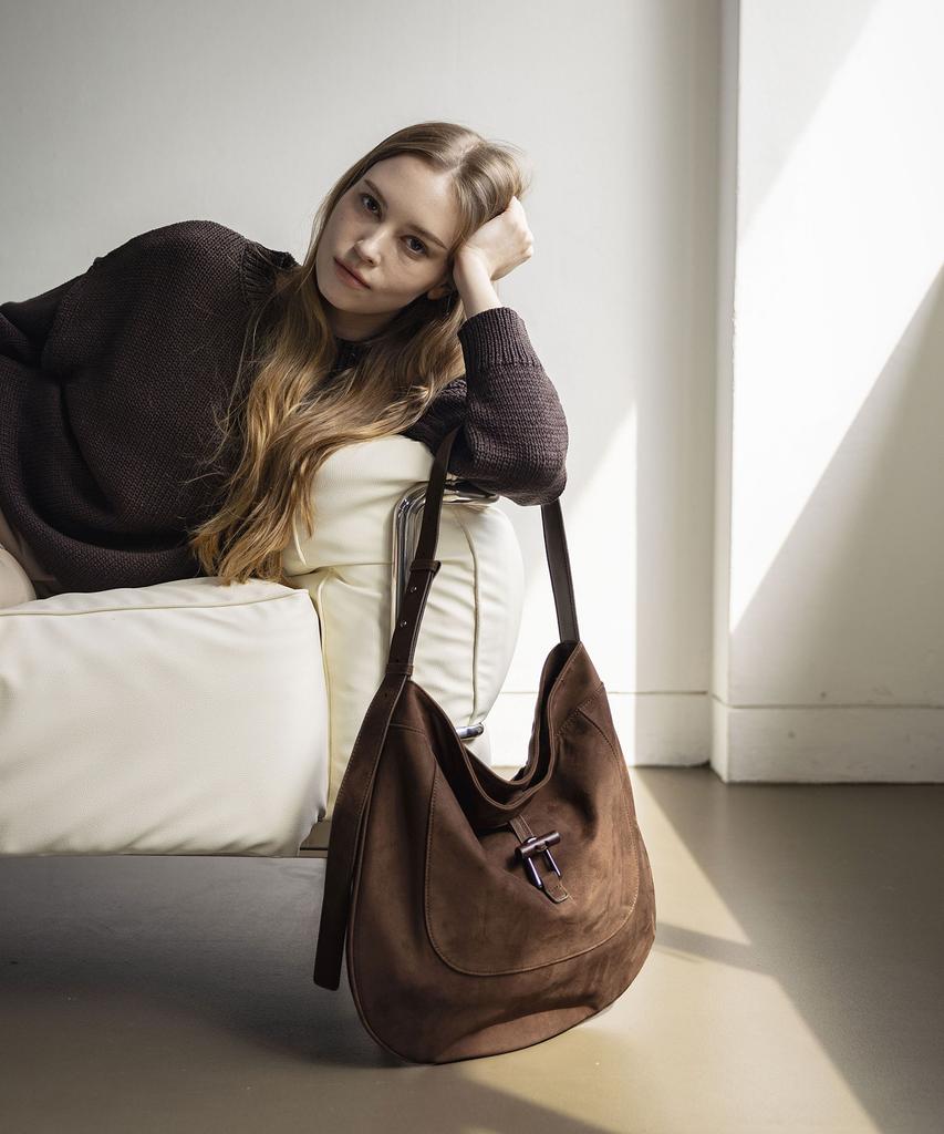 Moiqui Lune Suede Hobo Bag Dk Brown