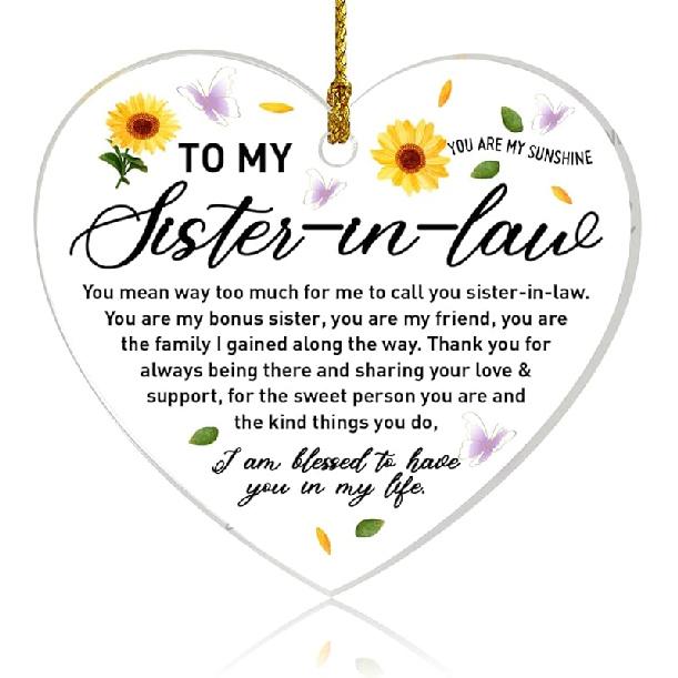 Sister in Law Ornament Gifts, Sister in Law Birthday Wedding Christmas Keepsake Gifts for Sister in Law Acrylic Heart Hanging Ornament Gifts, Sister