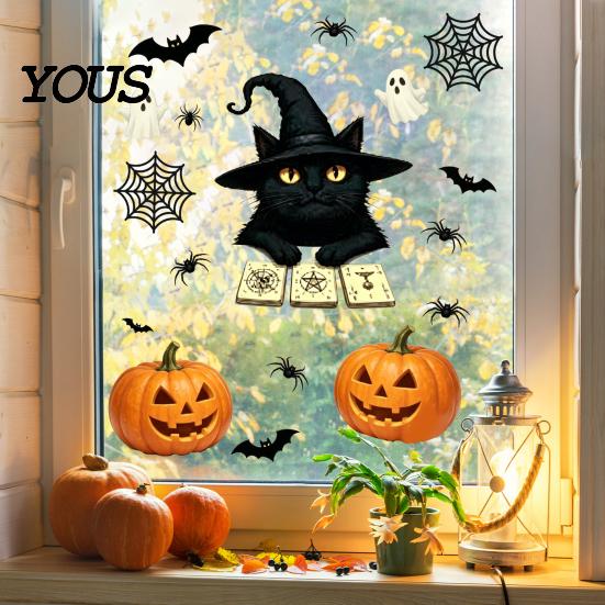Seasonal Party Favors Cute Black Cat Halloween Window Clings, Pumpkin Ghost Bat Spider Removable PVC Stickers Decals, Non-Adhesive Glass for