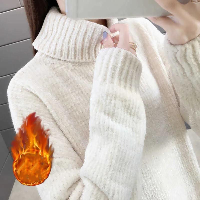 Dames Herfst Winter Trui Los Elastisch Dik Gebreide Truien Effen Vrouwelijk Warm Basis Shirt