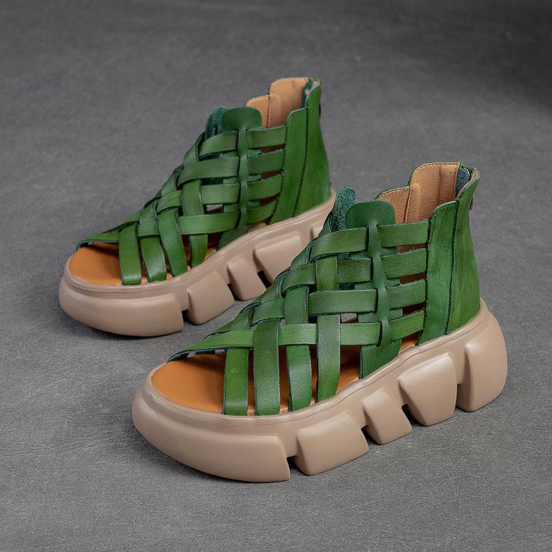 Jiechu Women's Summer Braided Hollow Sandals - Thick Sole, Breathable Candy Colors, Comfortable Roman Style