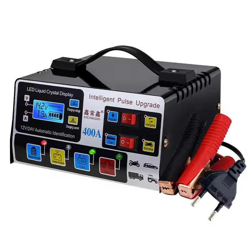 12V/24V 400A Car Battery Charger 220W High Power Fully Automatic Pulse Repair Smart LCD Display Self-stop Battery Fast Charger