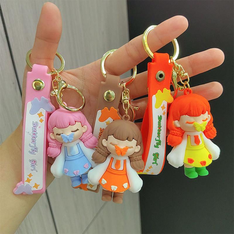 Adorable Cartoon Silicone Keychain Charming Butterfly Kiss Girl Design