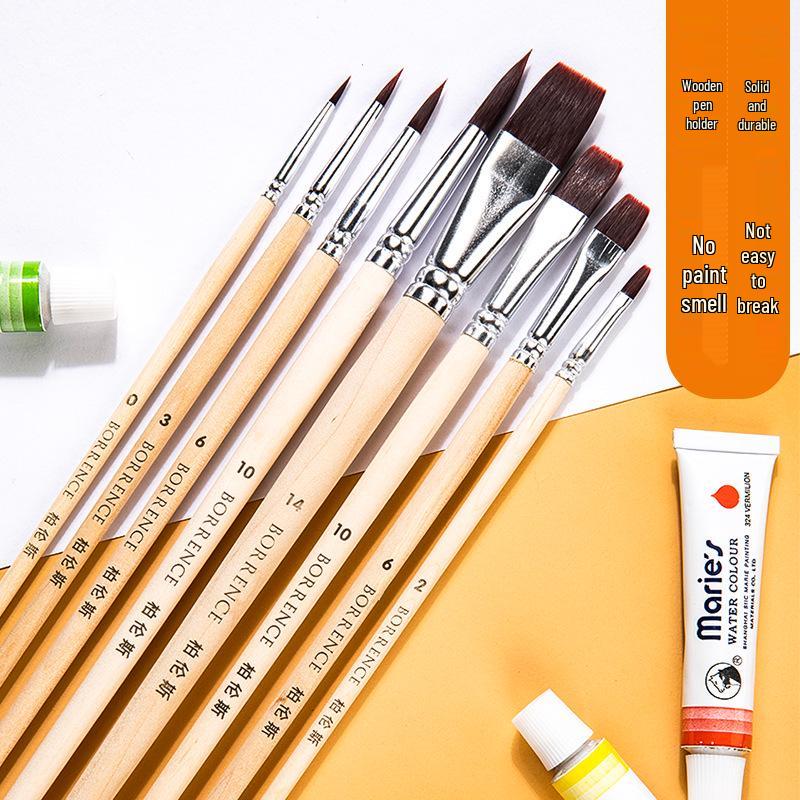 Flat Head Nylon Watercolor & Acrylic Brush Set with Wooden Handle in Brown Pigment Gift Box