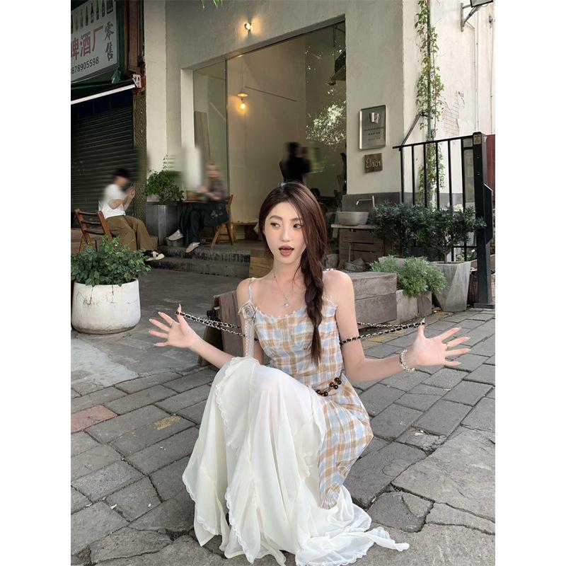 Kumikumi Retro Lazy Suit Plaid Irregular Spaghetti-Strap Vest Women's Autumn High Waist Skirt Two-piece Set