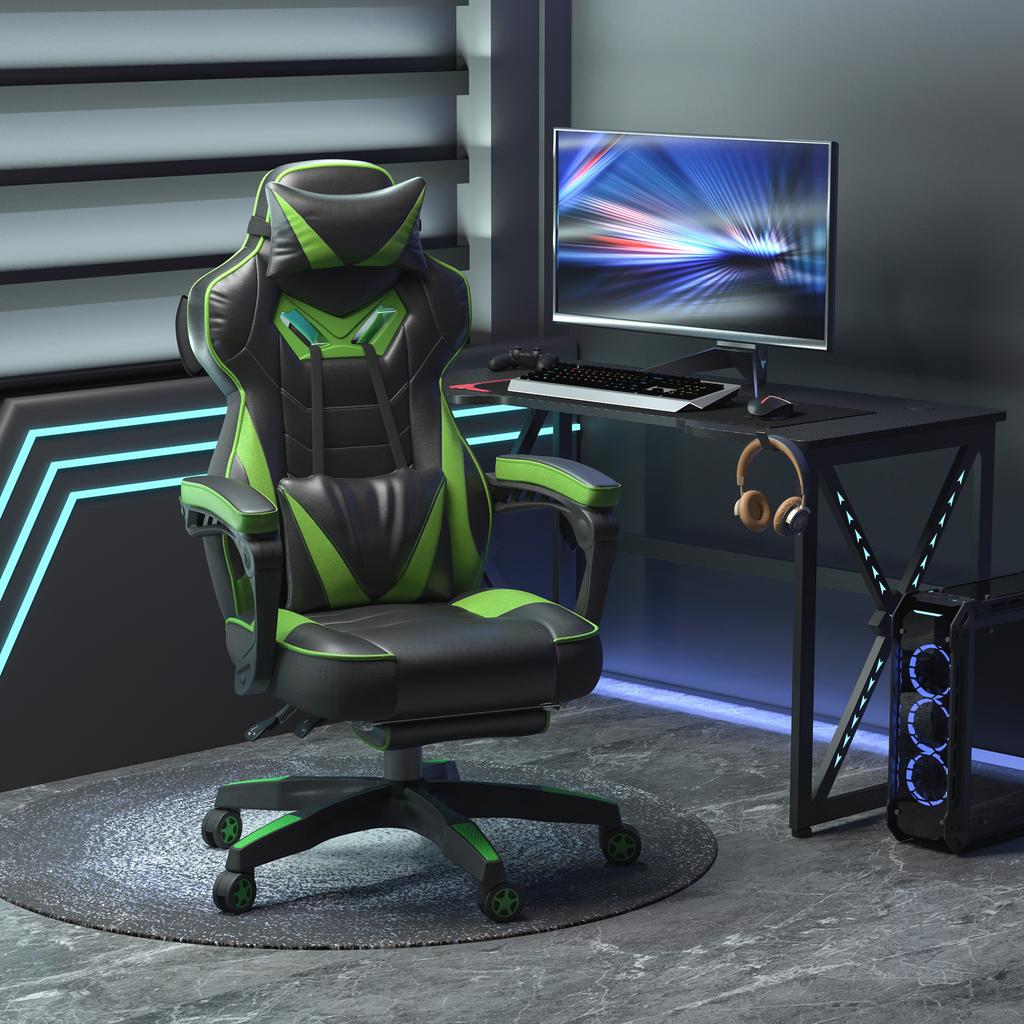 Ergonomic Gaming Chair Comfortable Office Chair With Footrest Headrest And Lumbar Cushion Adjustable Height Black And
