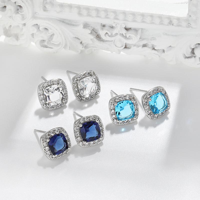 Popular Multicolor Earrings Four-claw Square Emerald Single-drill Earrings