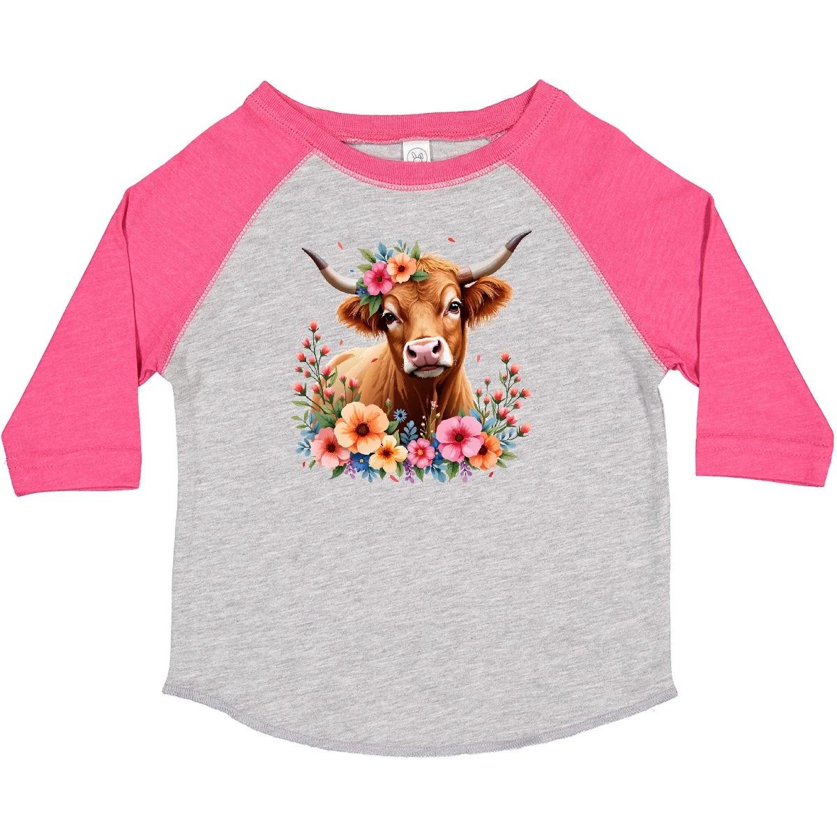 Inktastic Cute Highland Cow With Roses Floral Scottish Farm Toddler kids boys T-Shirt Boho 110