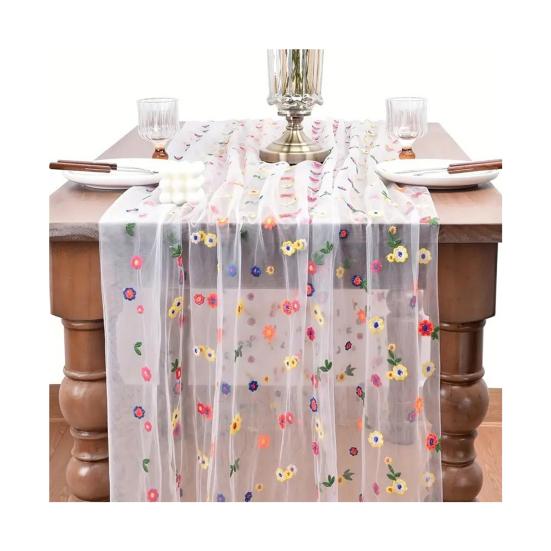 Embroidered Flower Table Runner Sheer Mesh Gauze Tablecloth for Spring Summer Delicate Floral Lace Table Decor for Wedding Party Dining Table
