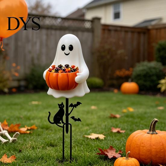 Halloween Ghost Yard Stakes Candy Bowl Garden Stake, 2D Flat Pumpkin Holder with Cat Decorative Soil Insert Signs And Bats, Trick or Treat Art