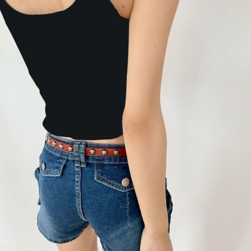 PU Leather Waist Belt with Pin Buckle Harajuku Rivet Waist Belt Woman Girls Jeans Dresses Skirt Coat Thin Waistband
