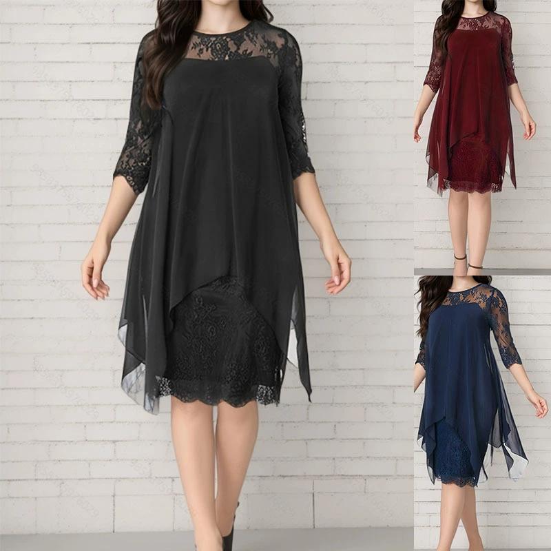 Women's Summer Midi Dress Chiffon Lace Overlay 3/4 Sleeve Oversize Solid Bodycon Dress