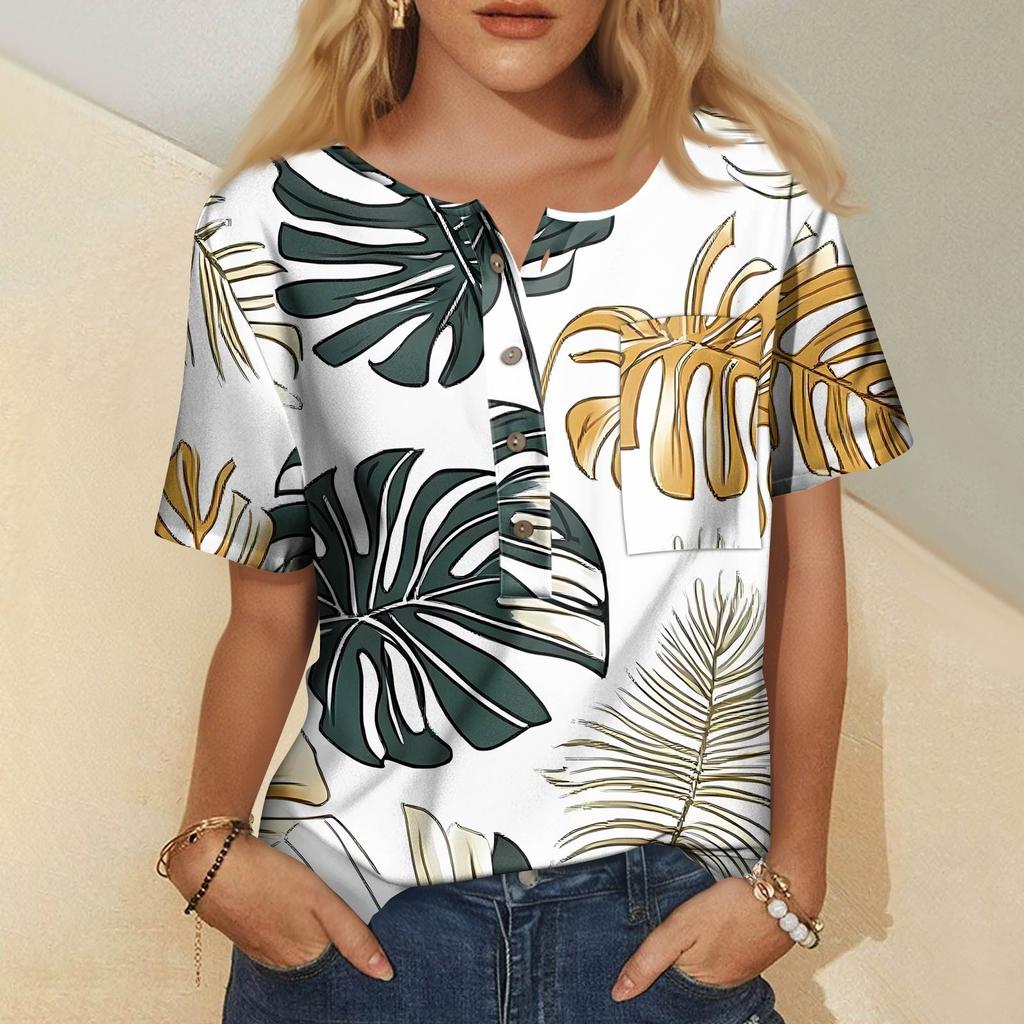Women's Fashion Casual Short Sleeve Print Round Neck Pullover Top Blouse