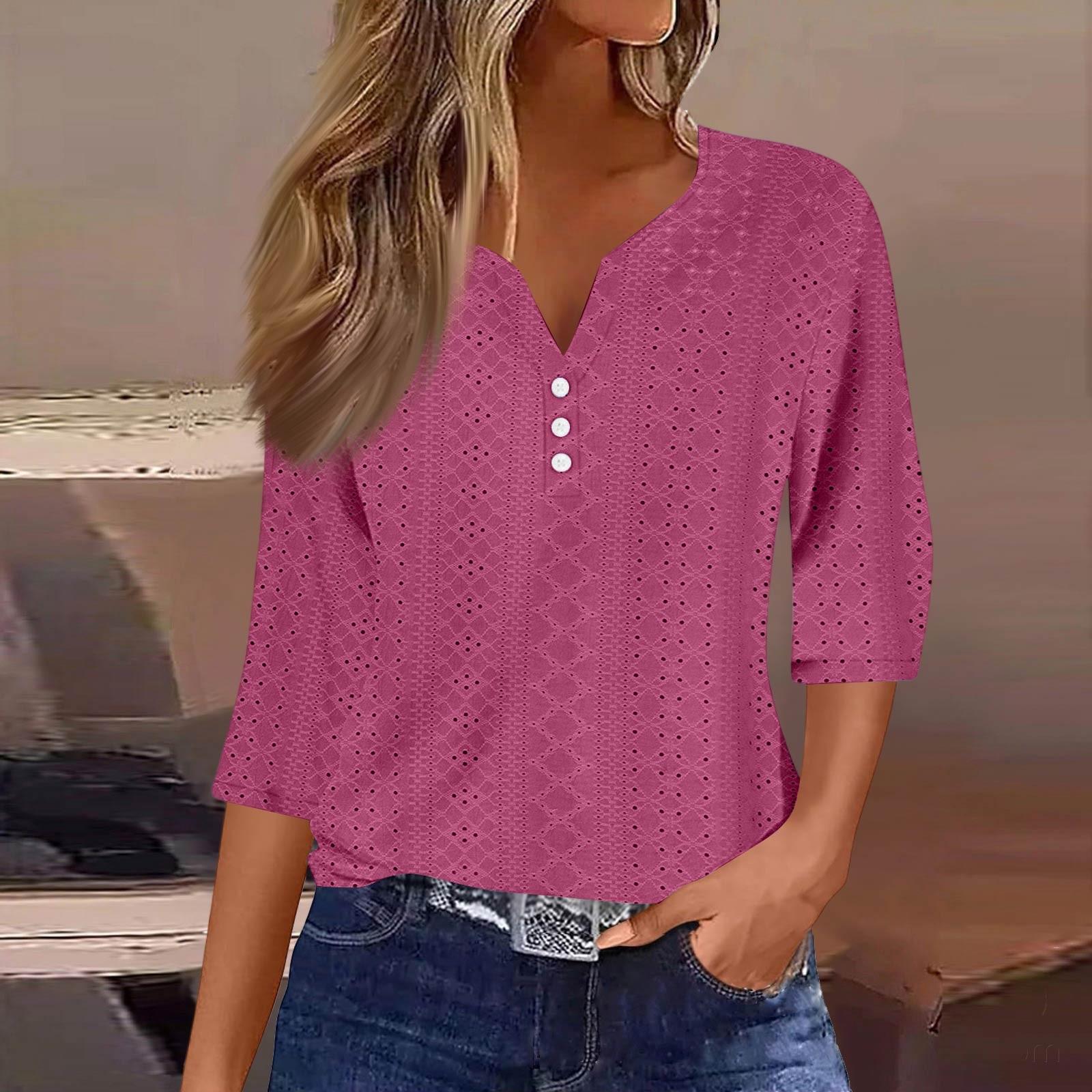 

Женская модная футболка с V-образным вырезом и пуговицами, семь рукавов, повседневные однотонные топы S
