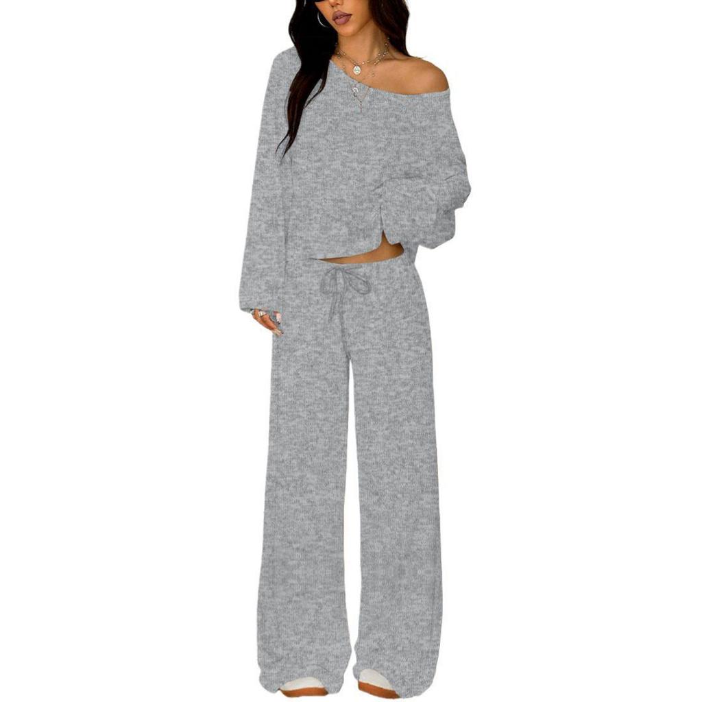 European & American Women's Solid Color Long Sleeve Top & Wide Leg Pants Two-Piece Casual Set - Spring Lazy Style
