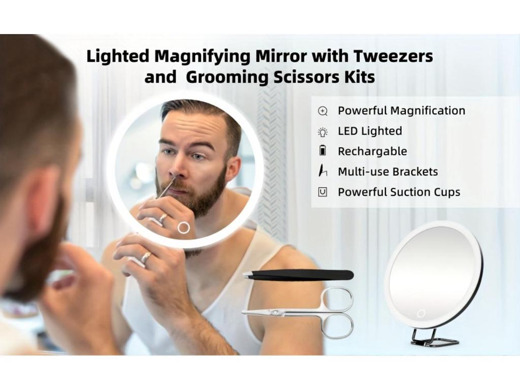 Rechargeable 6-Inch Makeup Mirror with 30x Magnification, LED Fill Light, 360° Bracket, and 3 Suction Cups