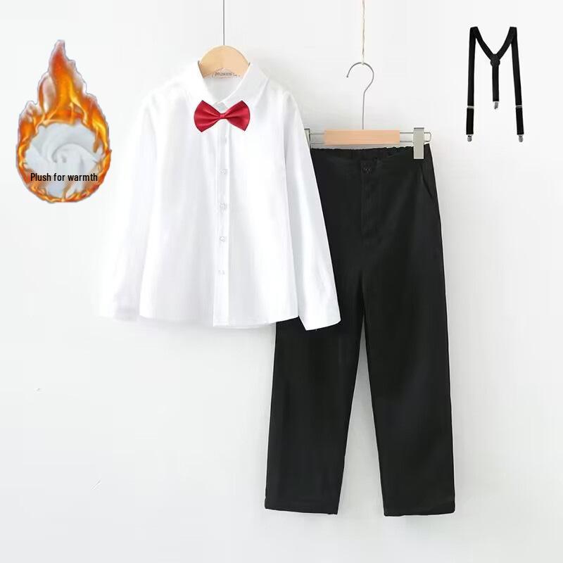 Boy's Formal Ensemble: Fleece White Shirt, Black Suit Pants, Vest, Page Boy Overalls, Performance Costume