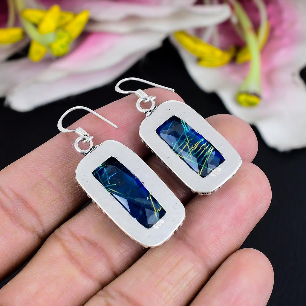 Blue Rutile Gemstone Handmade 925 Sterling Silver Jewelry Earring 1.97" KG-1792