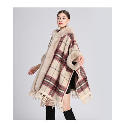 Winter Damen Schal Cape Jacke Pelzkragen Kapuzen Schal Tweed Jacke Große Strickjacke
