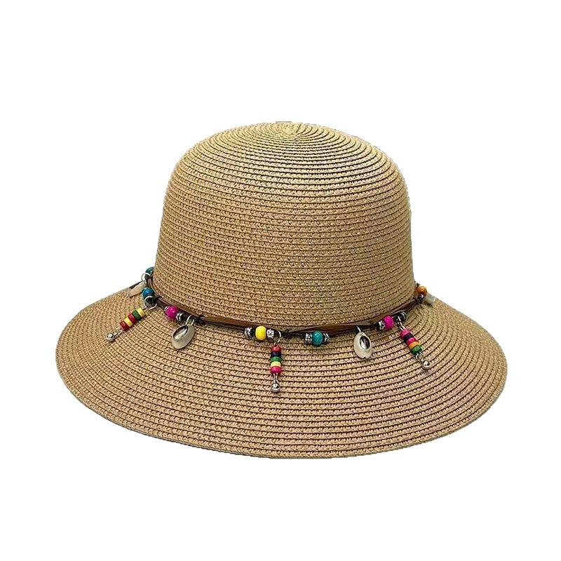 Ethnic style bead decoration big brim straw hat women outdoor vacation sunshade bucket hat foldable sunscreen sun hat